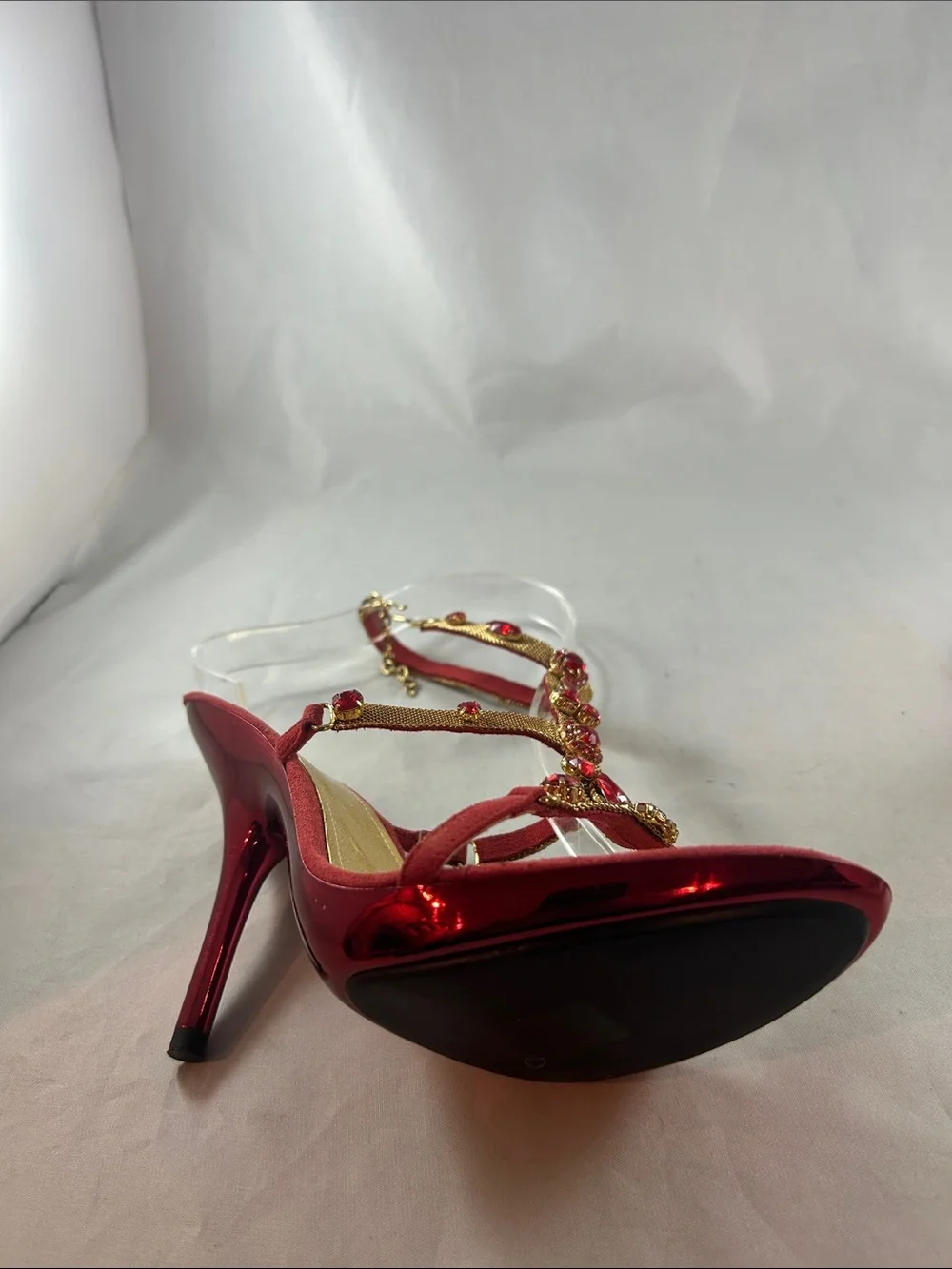 Red Jeweled T-Strap Slingback Heels - Picture 8 of 15